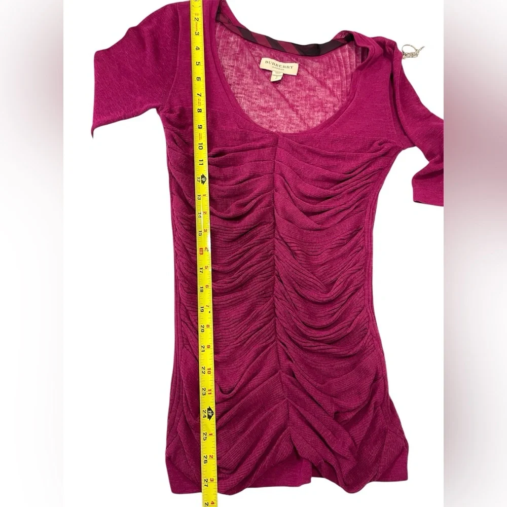 Women’s Y2K Burberry Burgundy V-Neck Ruched Longline Top Blouse / Sweater SMALL - Picture 10 of 11